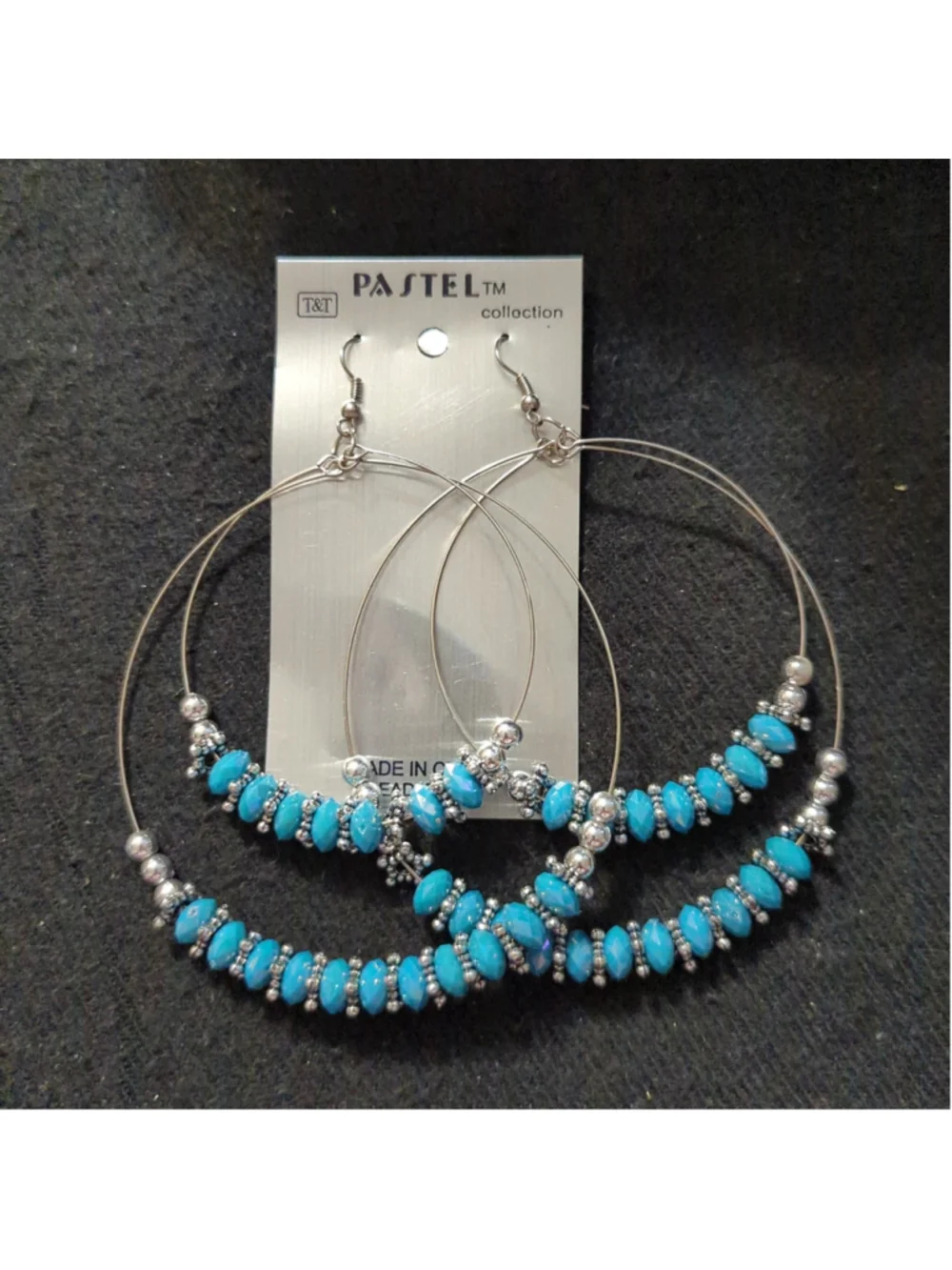 Pastel Collection Silver Tone Blue Beaded Hoop Dangle Statement Earrings